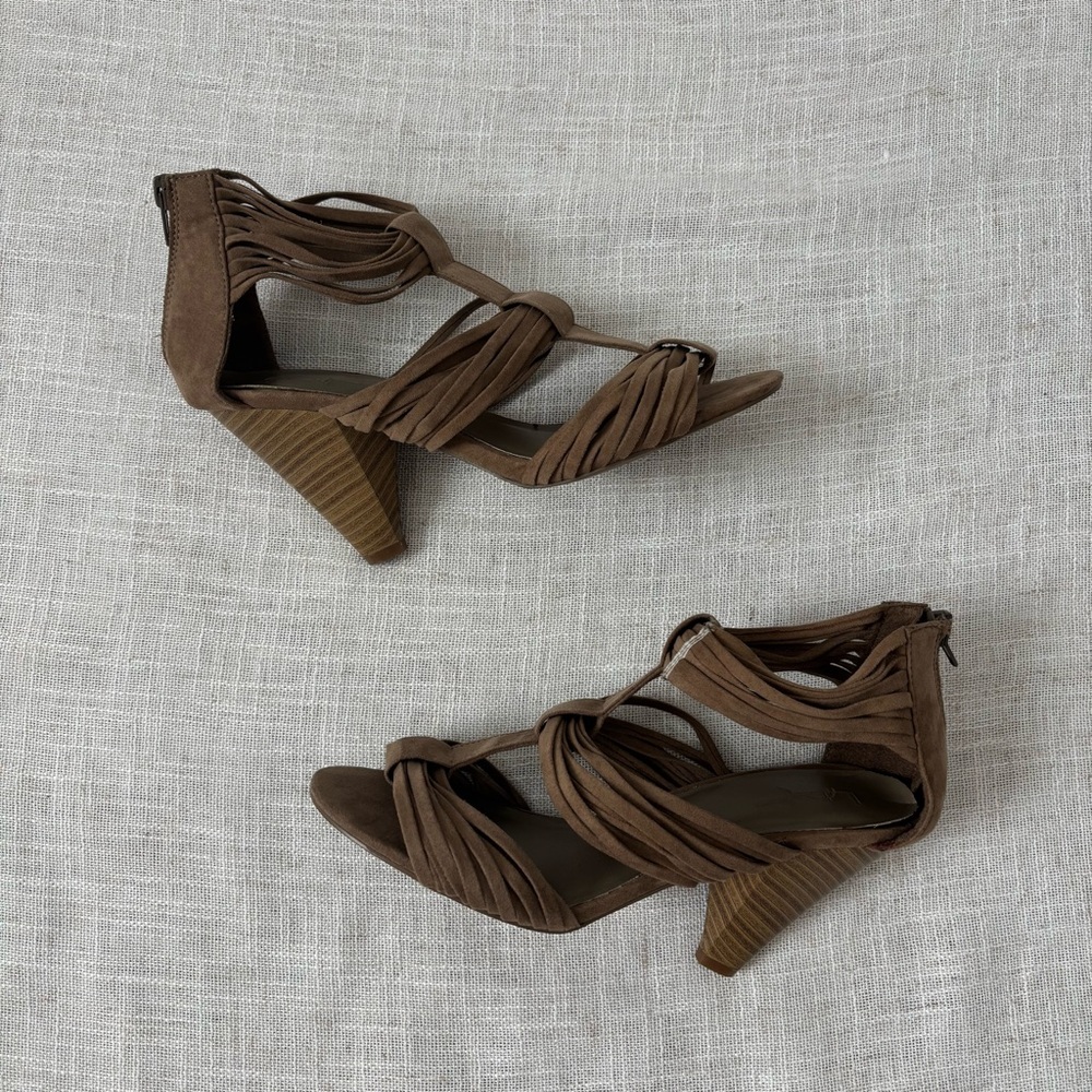 Tan Brown Suede Multi-Strap High Heel Sandals 8